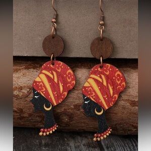 Earrings- American African Goddess Pattern Wood Inlay African Culture Graphic